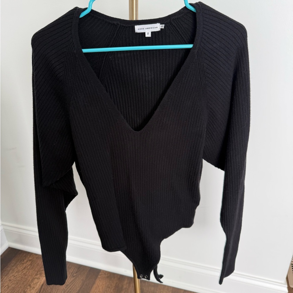 NWOT Good American Black Ribbed V-Neck Bodysuit Sweater
